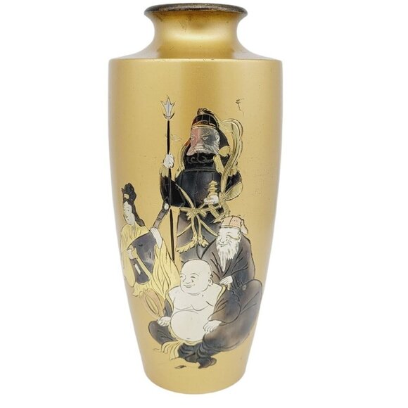 Vintage Japanese Mixed Metal Vase 8.25" Etched Engraved Signature Gold Asian - Picture 1 of 12